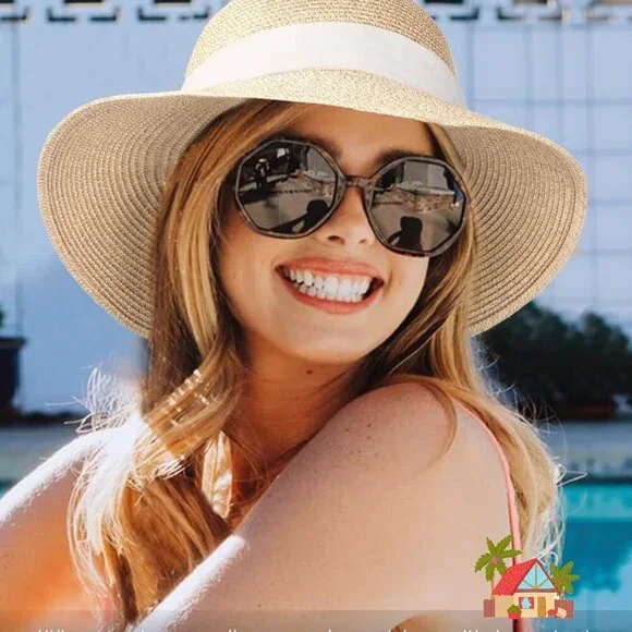 Womens Beach Sun Straw Hat UV UPF 80+ Travel Foldable Brim Summer UV Hat